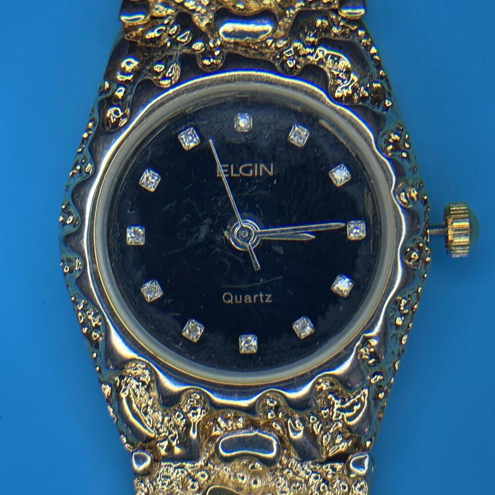 Vintage Elgin Quartz Gold Nugget Plated Diamond Chip Elegant Women’s Watch - Picture 4 of 12
